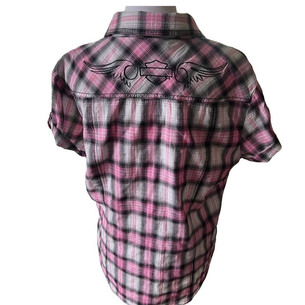 HARLEY DAVIDSON Women's Large Button Down Tab Sleeve Pink Plaid Shirt - Picture 5 of 9